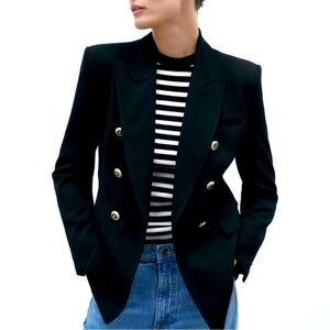 Zara Double Breasted Black Blazer Gold Crest Buttons Women’s XS Office Career